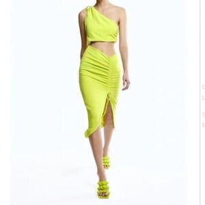 ZARA Green Yellow Ruched Dress Body‎ Con One Shoulder MIDI Set Small